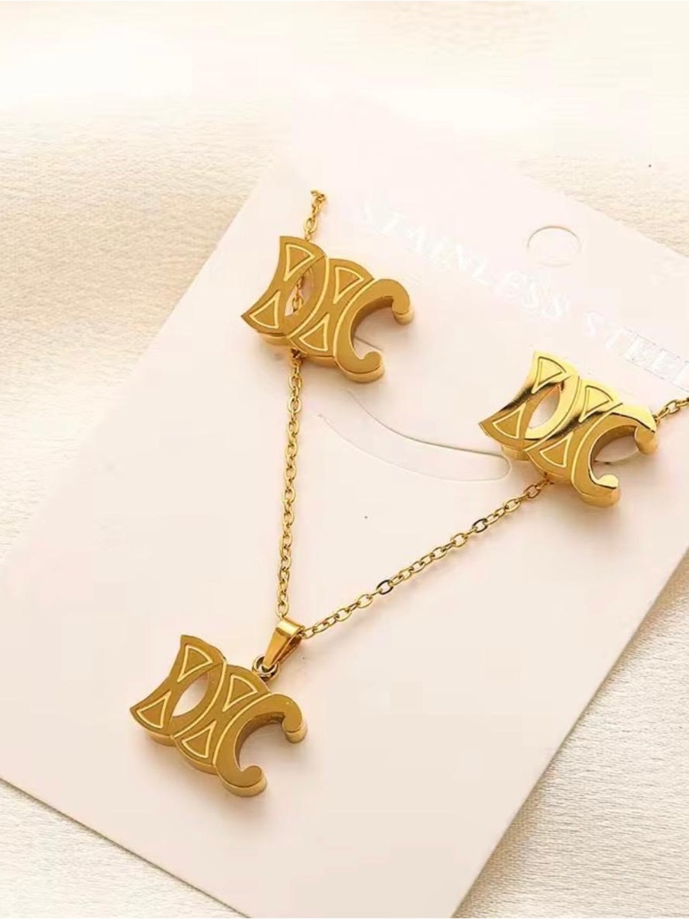 Gold Tone Crescent Motif Necklace & Earring Set